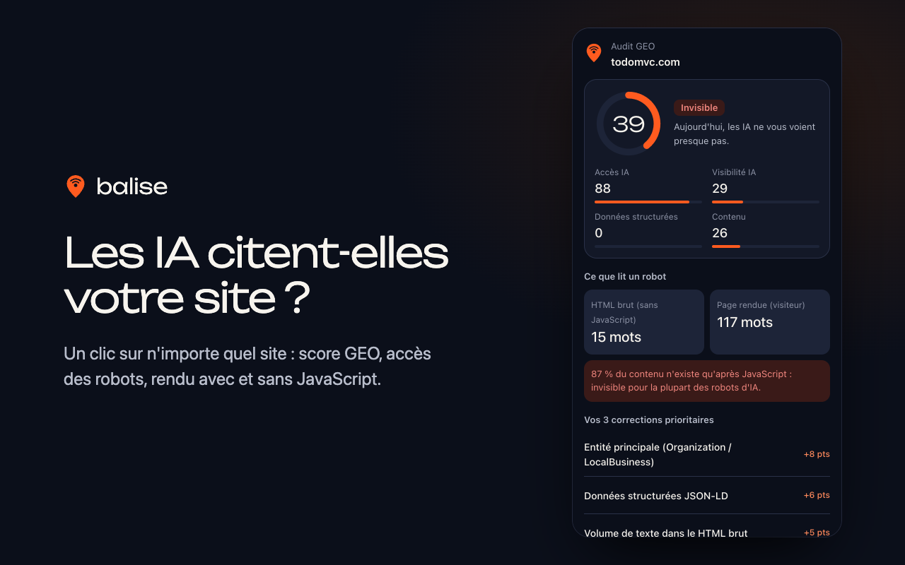 Score GEO d'un site dans la fenêtre de l'extension